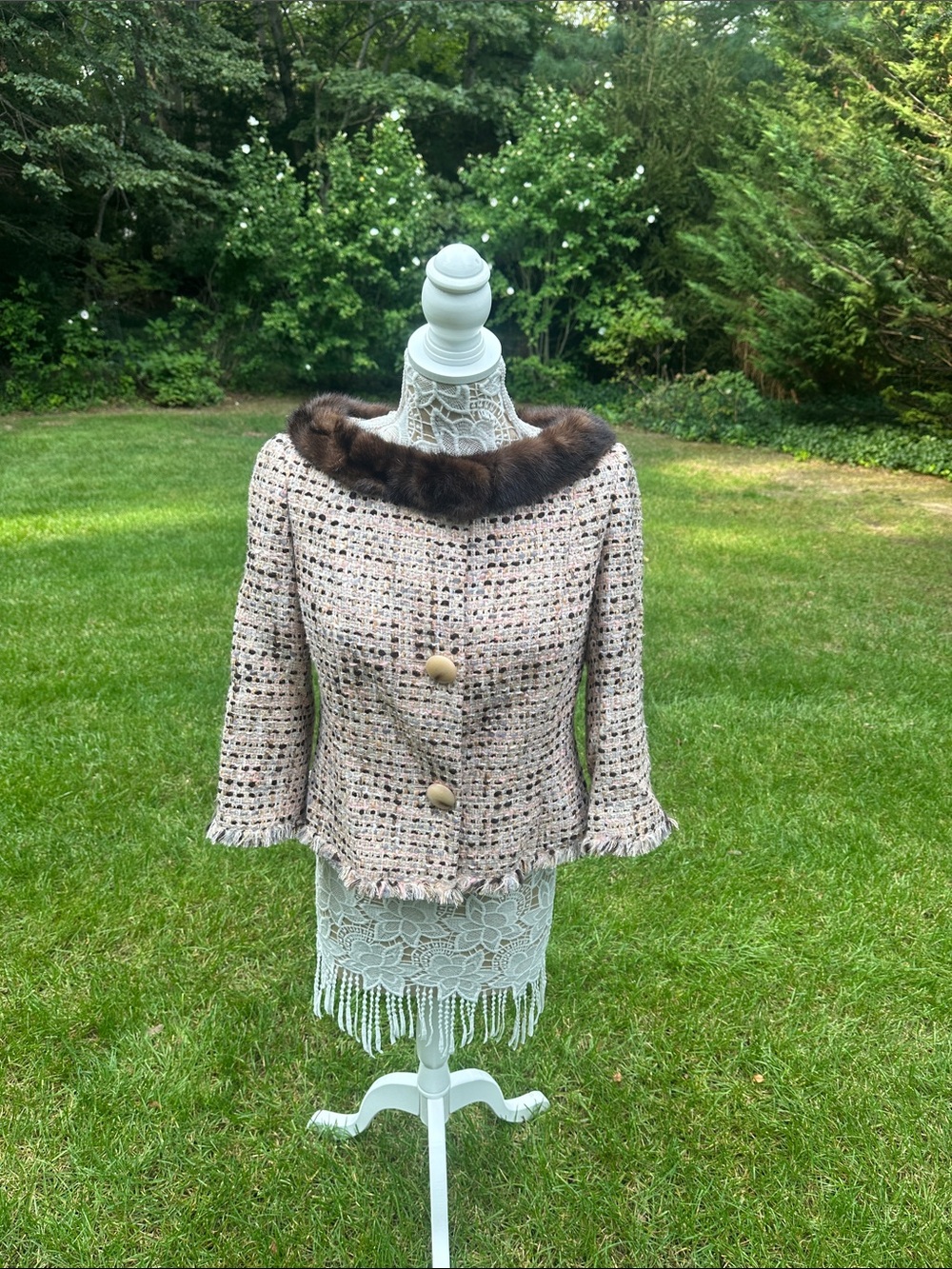 Dana Buchman Pink Beige Tweed Jacket with Brown Mink Fur Trim